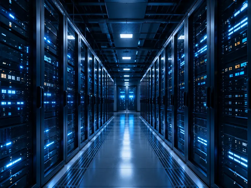 Centro de datos con racks de servidores iluminados en azul.